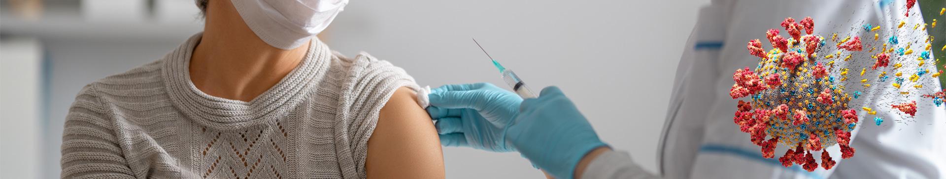 Frau sie sich von einer Ärztin Impfen lässt und ein Virus welches sich auflöst
